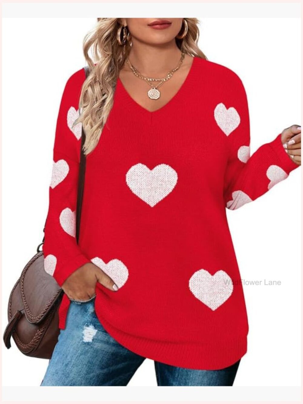 Plus Size Off Shoulder Pullover Sweater V Neck Long Sleeve Knit Top